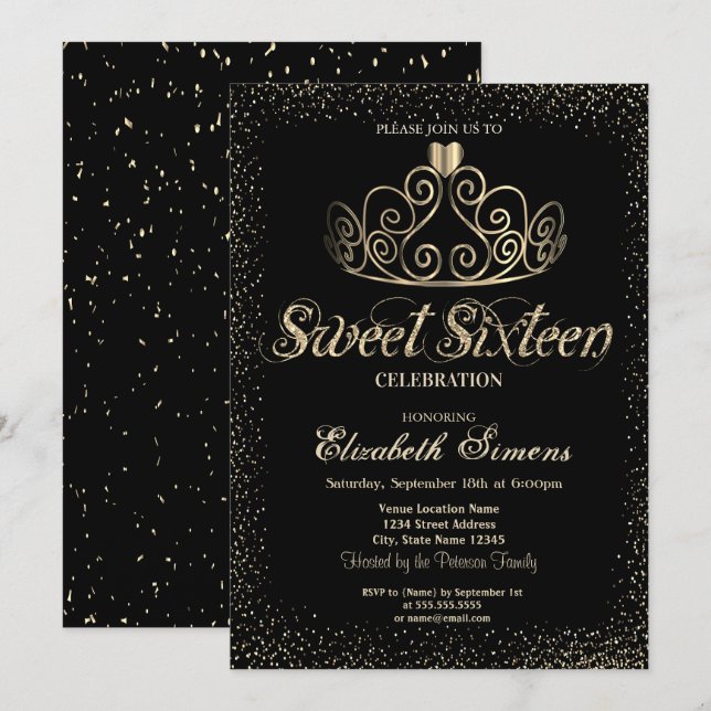 Invitation Elégant Gold Tiara Confetti Sweet 16 (Devant / Derrière)