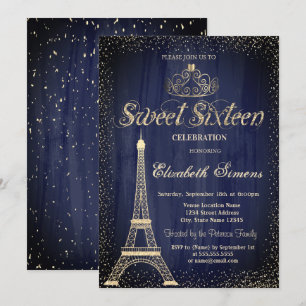 Invitation Élégant Gold Tiara Confetti Tour Eiffel Sweet 16