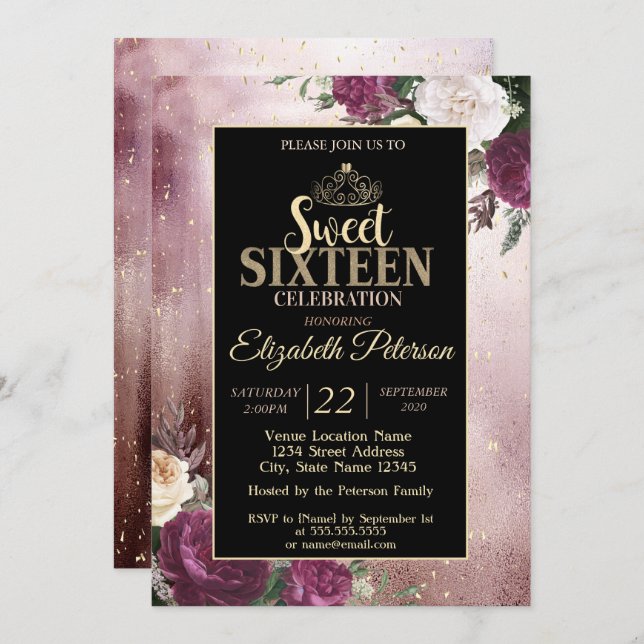 Invitation Elégant Gold Tiara, Frame Bourgogne Sweet 16 Party (Devant / Derrière)