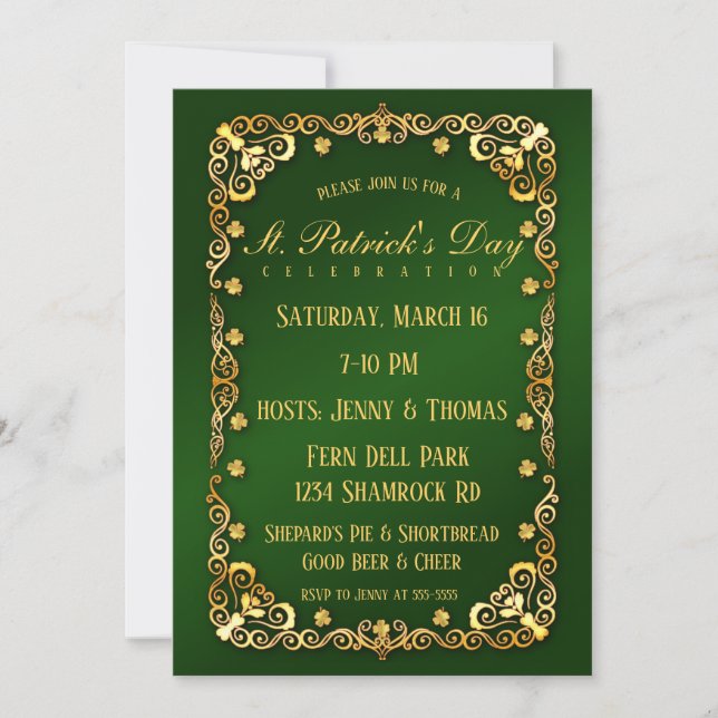 Invitation Elégant Gold Trim et Shamrock St. Patrick's Day (Devant)