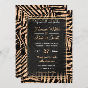 Invitation Elégant Gold Tropical Palm Feuille Black Design