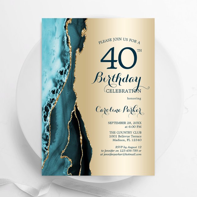 Invitation Elégant Gold Turquoise Agate 40e anniversaire (Créateur téléchargé)
