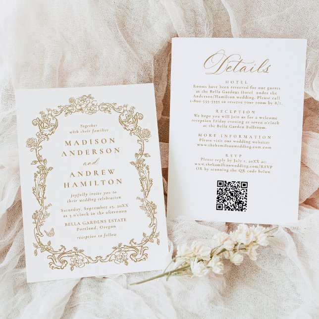 Invitation Elegant Gold Victorian Floral All in One Wedding (Créateur téléchargé)