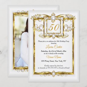 Invitation Elegant Gold White Pearl Photo fête d'anniversaire
