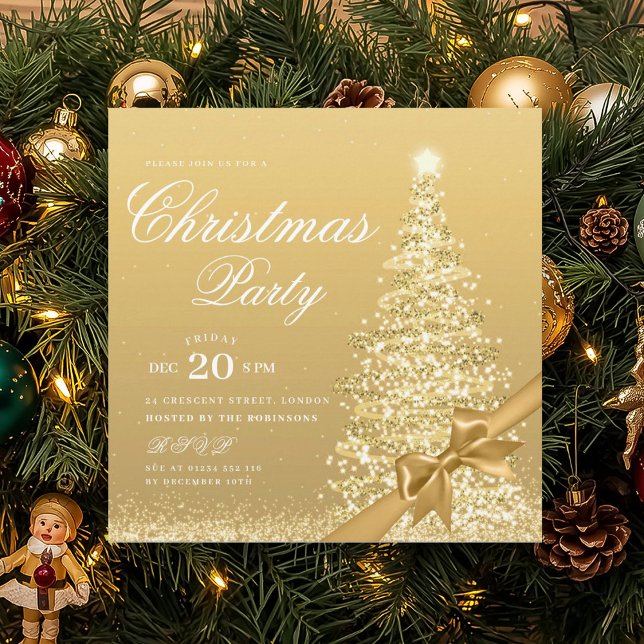 Invitation Elegant Gold Winter Christmas Tree Bow  (Elegant Gold Winter Christmas Tree Bow Invitation)
