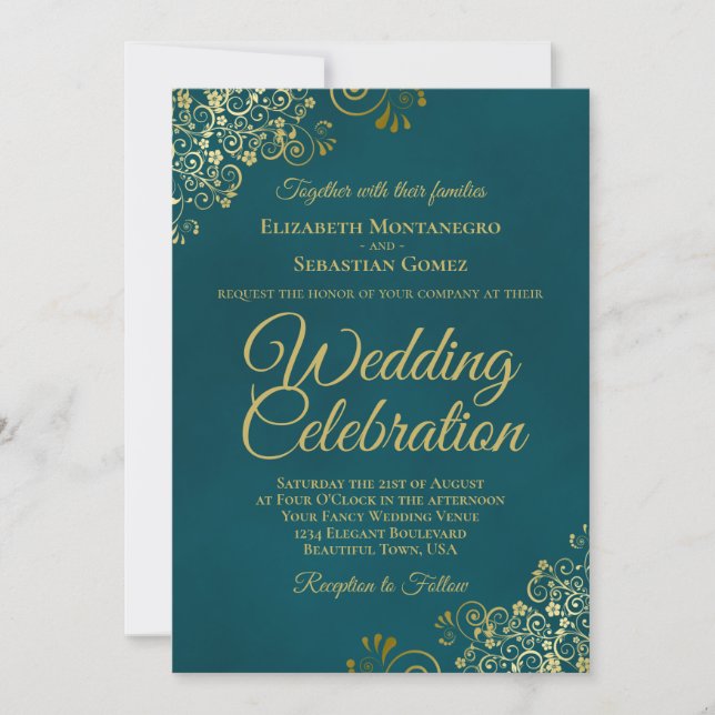 Invitation Elegant Golden Curls on Teal QR Code Wedding (Devant)