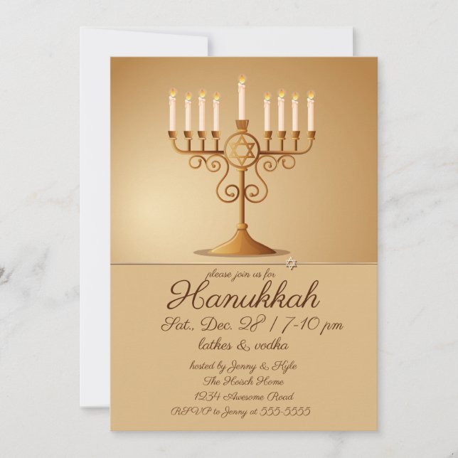 Invitation Elégant Golden Menorah Hanoukka Party (Devant)