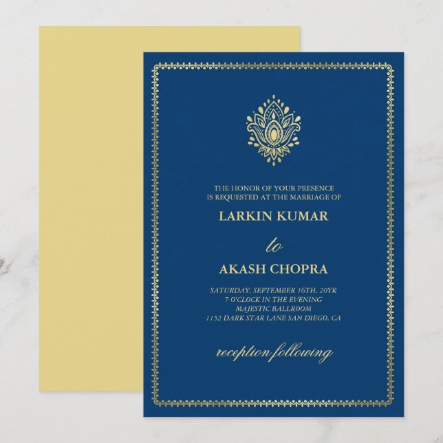 Invitation Elégant Golden Paisley Dodger Mariage bleu (Devant / Derrière)