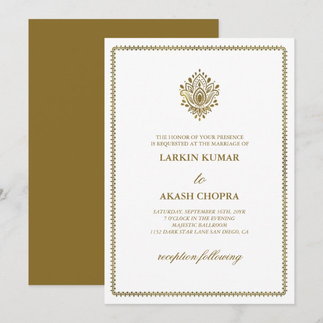 Invitation Elégant Golden Paisley Mariage blanc (Devant / Derrière)
