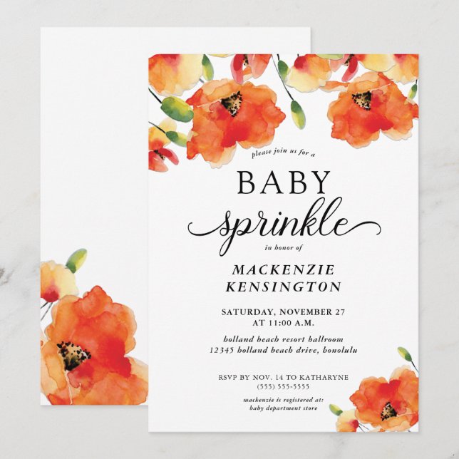 Invitation Elégant Golden Poppy Baby Sprinkle Douche (Devant / Derrière)