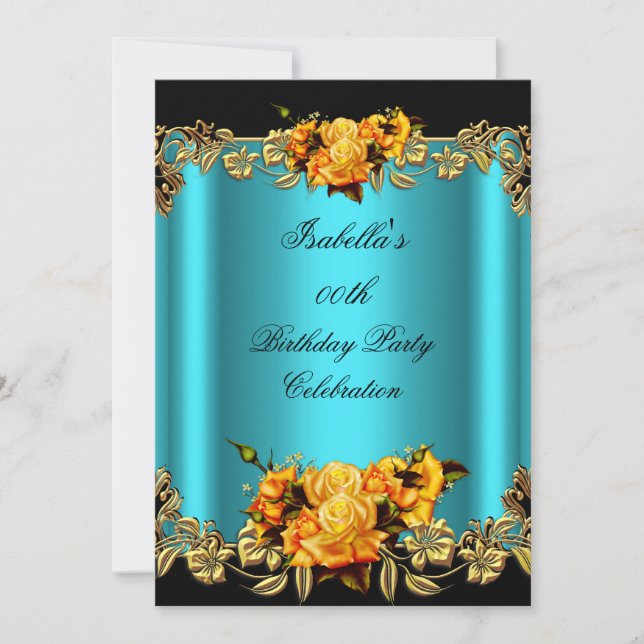 Invitation Elégant Golden Turquoise Blue Yellow Roses Anniver (Devant)