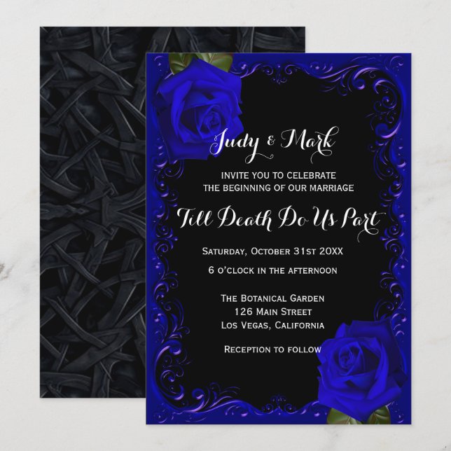 Invitation Élégant Goth Blue Rose Mariage (Devant / Derrière)