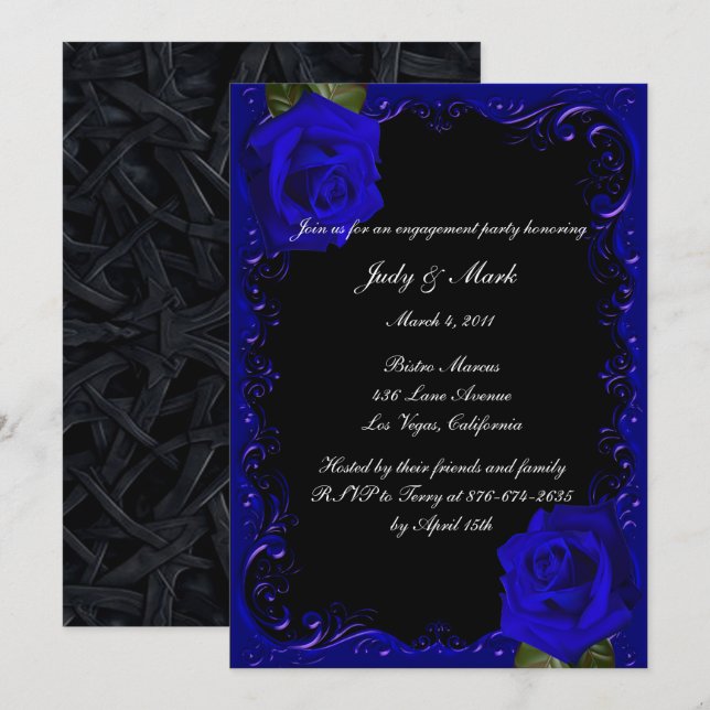 Invitation Élégant Goth Blue Roses (Devant / Derrière)