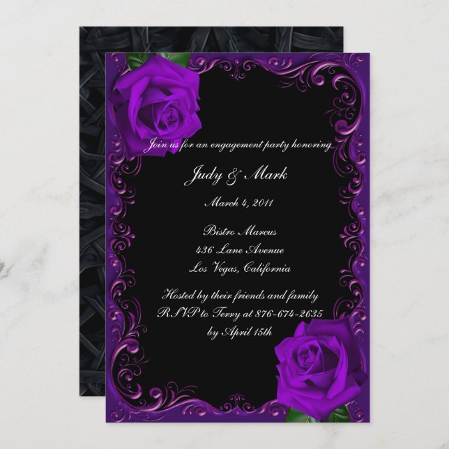 Invitation Élégant Goth Purple Rose Engagement Party (Devant / Derrière)