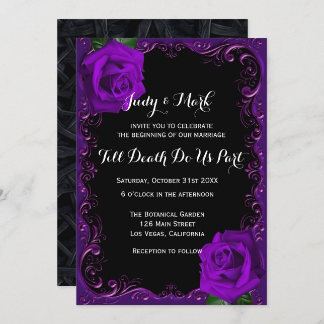 Invitation Élégant Goth Purple Rose Mariage (Devant / Derrière)
