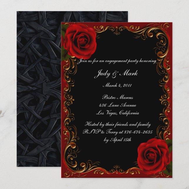 Invitation Élégant Goth Red Roses (Devant / Derrière)