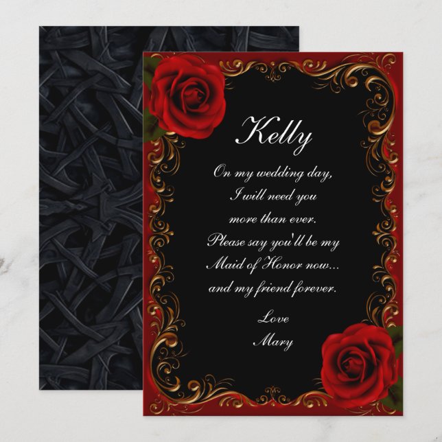Invitation Élégant Goth Roses Rouges Maid Of Honor (Devant / Derrière)