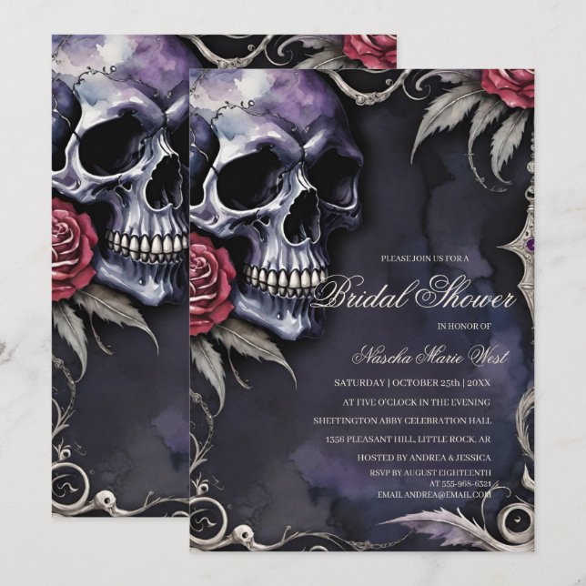 Invitation Elegant Gothic Skull & Red Roses Bridal Shower (Devant / Derrière)