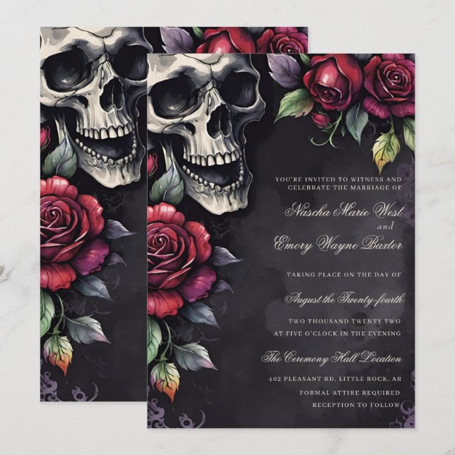 Invitation Elegant Gothic Skull & Roses Wedding (Devant / Derrière)