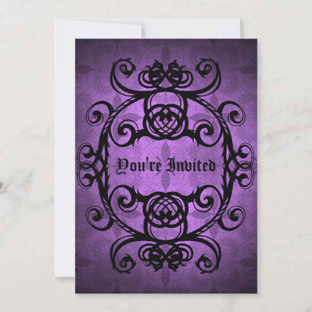 Invitation Élégant gothique damassé violet et noir parti (Devant)