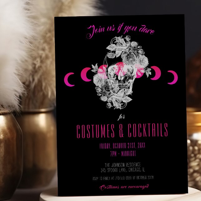Invitation Elégant Gothique Noir & Crâne rose Halloween adult (Créateur téléchargé)