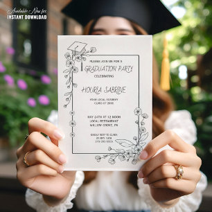 Invitation Elégant Graduation Bordure florale noire et blanch