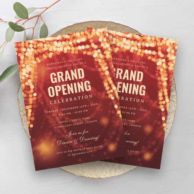 Invitation Élégant Grand Ouverture Business Rouge Gold Lumièr (Elegant Grand Opening Business Red Gold Lights Invitation)