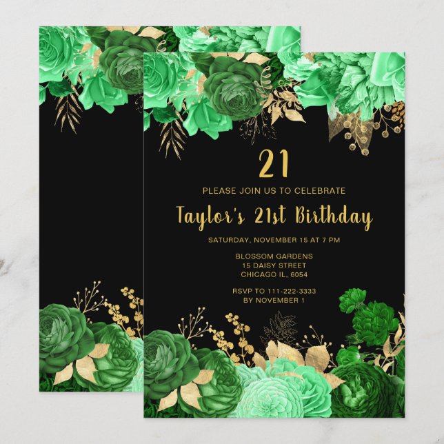 Invitation Elegant Green and Gold Flowers Birthday Party (Devant / Derrière)