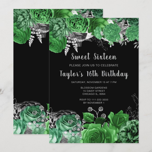 Invitation Elegant Green and Silver Flowers Sweet Sixteen (Devant / Derrière)