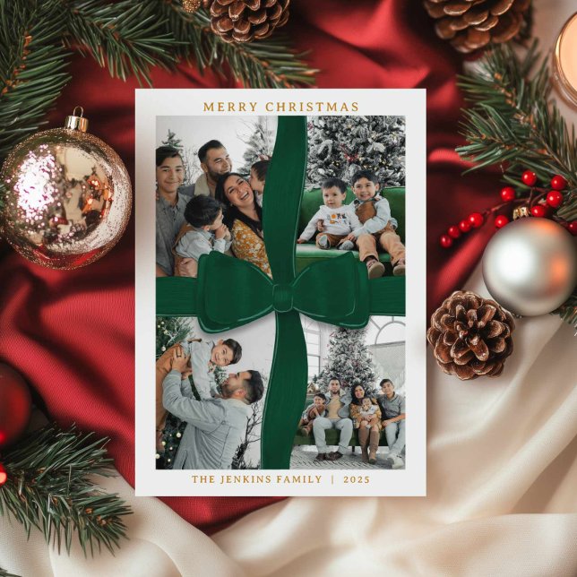 Invitation Elegant Green Bow Photo Merry Christmas Card (Green Bow Merry Christmas 4 Photo Holiday Card)