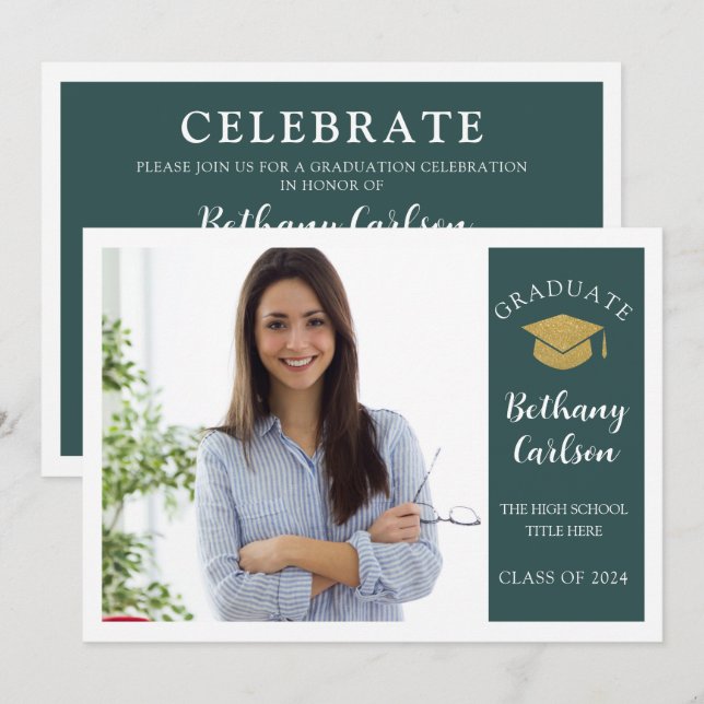 Invitation Elégant Green et Gold Photo Graduation Party (Devant / Derrière)