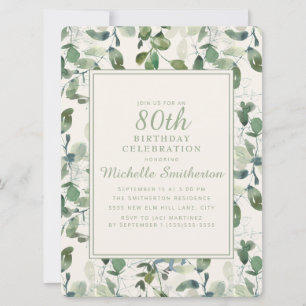 Invitation Elégant Green Eucalyptus Feuille 80e anniversaire