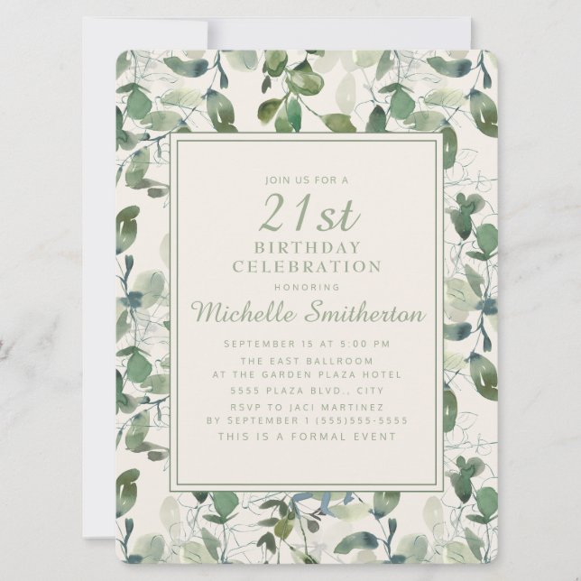 Invitation Elégant Green Eucalyptus Feuilles 21e anniversaire (Devant)