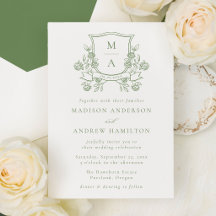 Elegant Green Floral Crest Monogram Wedding