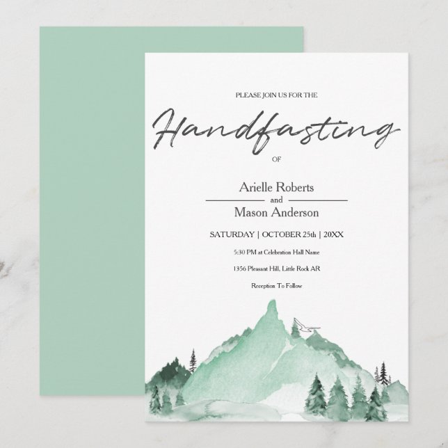 Invitation Elégant Green Forest Mountains Simple Handfasting (Devant / Derrière)