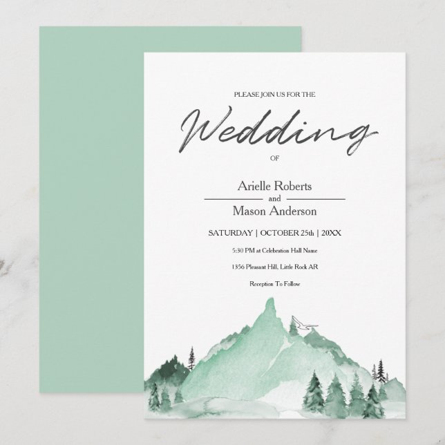Invitation Elégant Green Forest Mountains Simple Mariage (Devant / Derrière)