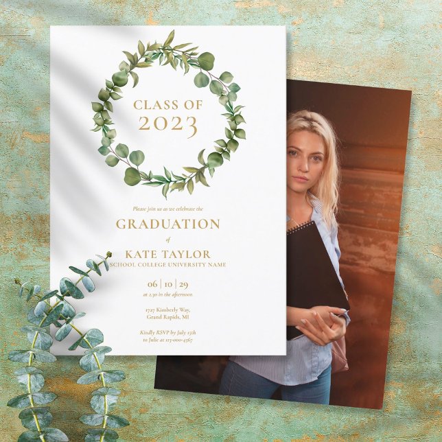 Invitation Elégant Green Garland Photo Graduation Party (Créateur téléchargé)