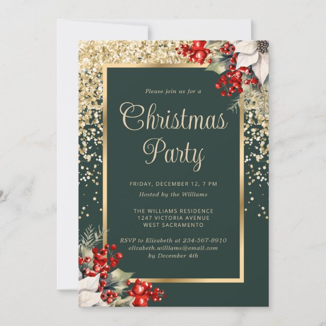 Invitation Elegant Green Gold Botanical Christmas Party (Devant)