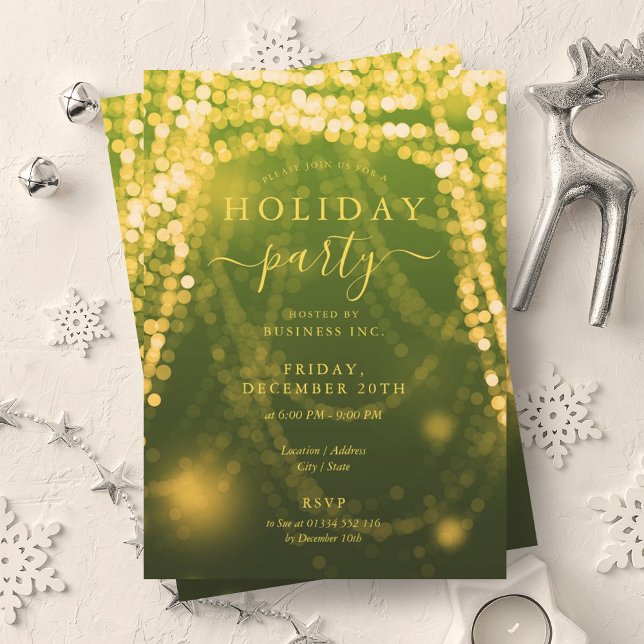 Invitation Elégant Green Gold Company Vacances Lumières à cor (Elegant Green Gold Company Holiday String Lights Invitation)
