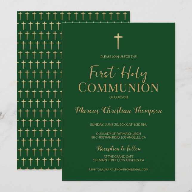Invitation Elégant Green Gold Cross Garçon Première communion (Devant / Derrière)