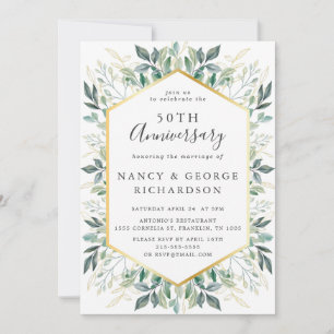 Invitation Élégant Green Gold Feuilles 50e anniversaire Maria