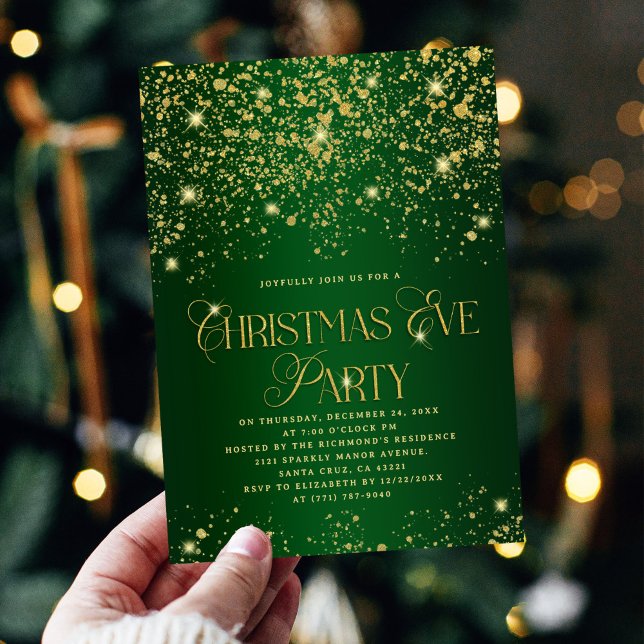 Invitation Elegant Green  Gold Glitter Christmas Eve Party (Créateur téléchargé)