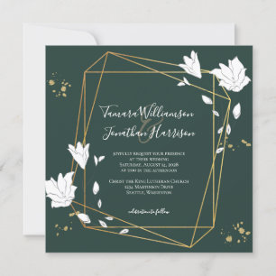 Invitation Elégant Green Gold Line Art Floral Géométrique