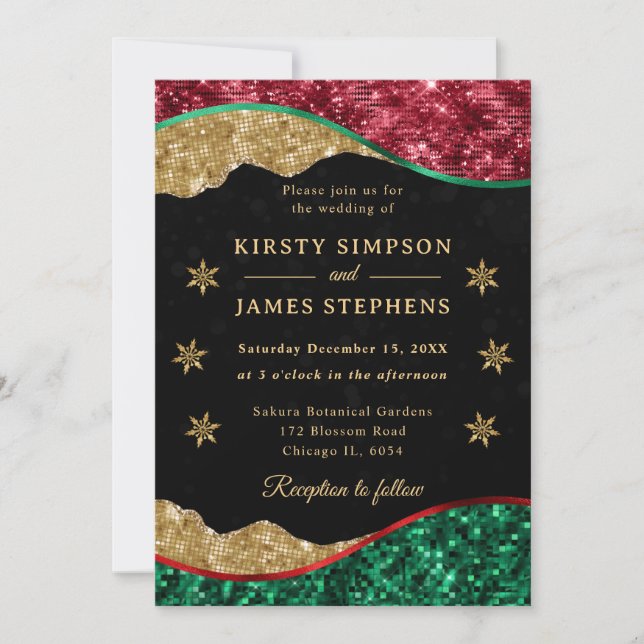 Invitation Elegant Green Red & Gold Snowflake Wedding (Devant)