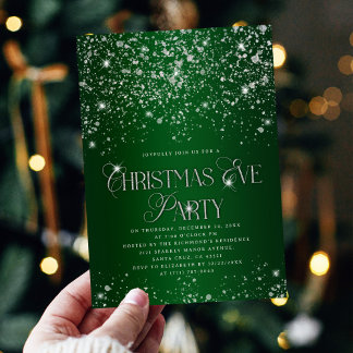 Invitation Elegant Green Silver Glitter Christmas Eve Party