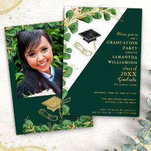 Invitation Élégant Green White Gold Classe de 2025 Graduation