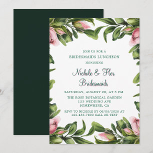 Invitation Élégant Green Wreath Pink Bud Bridesmaids Déjeuner