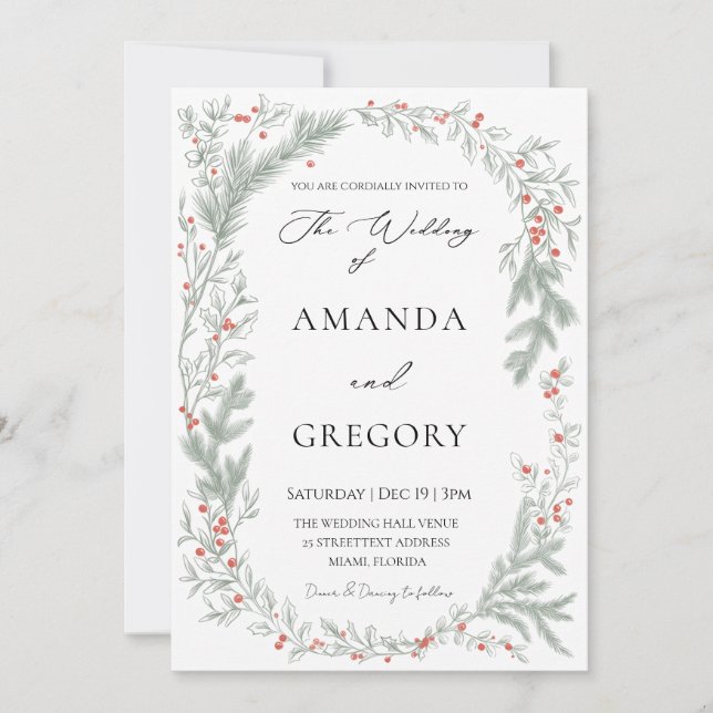 Invitation Elegant Greenery Christmas Wedding Photo  (Devant)