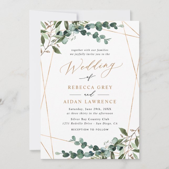 Invitation Elegant Greenery Gold QR Code All-in-One Wedding (Devant)