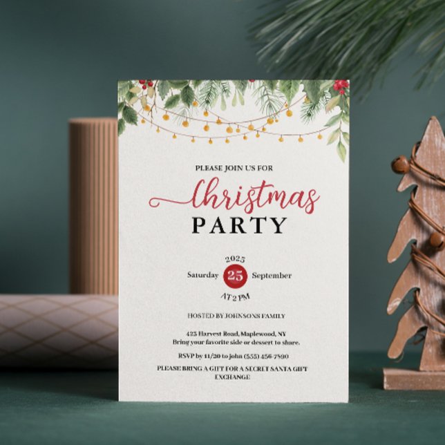 Invitation Elegant Greenery String Lights Christmas Party (Elegant Christmas Party Greenery String Lights holiday holly berries Watercolor pine branches)